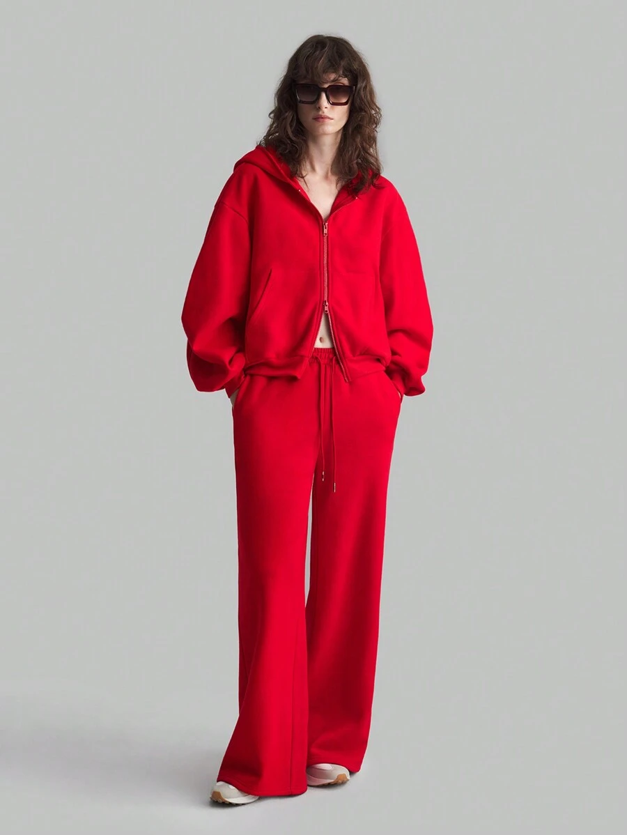 Ontre Women's Drawstring Waist Wide Leg Relaxed Cotton Fit Red Straight Long Pants Fall Women Clothes - Red - View 1