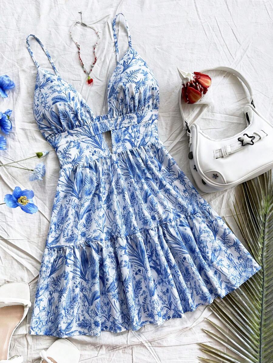 Soleia Women's Backless White And Blue Floral Splice Ruffle Hem Mini Dress,Vacation Holiday Holiday,Renaissance Cottage Core Dresses No Chest Padding - Blue and White - View 1