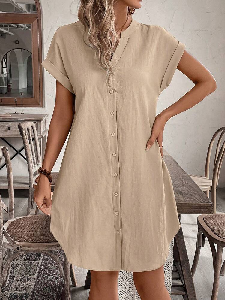 Women's Casual Vacation Solid Color V-Neck Button Front Dress