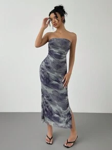 Chiquease Women Tie-Dye Printing Pleated Dress With Asymmetric Hem And Fitted Silhouette - Mint Green - View 3