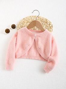Cozy Pixies Baby Girl Round Neck Solid Color Plush Thickened Cardigan,In Fall/Winter