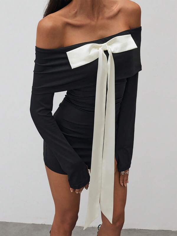 Aloruh Abito casual a maglia a maniche lunghe con spalle scoperte, fiocco e colore a contrasto, vestito attillato da donna, adatto per ragazze giovani, stagione di laurea, ritorno a scuola, feste, cene, festival musicali, matrimoni, eventi eleganti