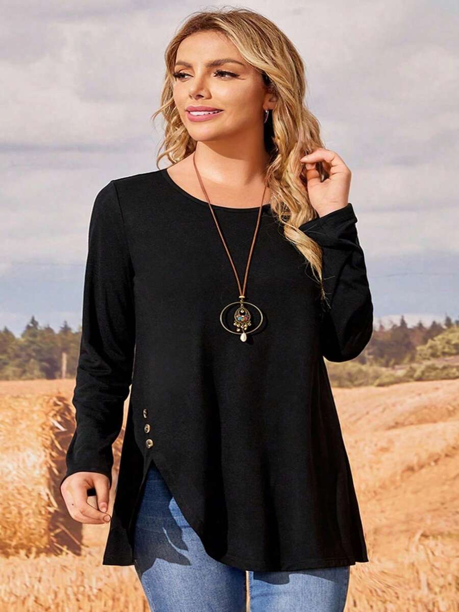 EMERY ROSE 大码黑色圆领长袖纯色简约按扣宽松舒适秋装 T 恤 - 黑色 - 查看 1