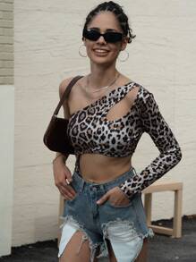 SHEIN ICON Tuta intera a maniche lunghe con stampa leopardata sexy e traforata per donne