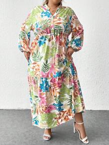 SHEIN CURVE+ 曲线加大码花卉印花灯笼袖连衣裙 - 彩色 - 查看 7