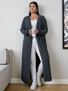 EURMUSE 大码女式几何图案长袖前开长款开衫，适合秋冬季 - 灰色 - 查看 3