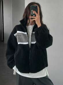 DAZY Chaqueta gruesa de mujer con forro polar, bordado de letras y contraste de colores, ropa de otoño