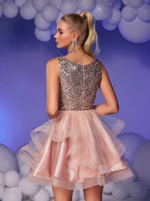 SHEIN Belle Elegant, Romantic And Gorgeous Lotus Pink Sequined Mesh, Round Neck Vest Sleeves, Asymmetric Puff Dress, Suitable For Prom, Bachelor Party, Dinner Date, Formal Prom Dress., Semi Formal Dress, For Birthday, Wedding Guest, Graduation Homecoming - Pink - View 2