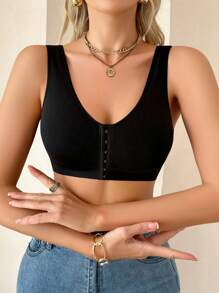 Comfortable Front Closure Seamless Bra , Black Crop Top - Black - View 4