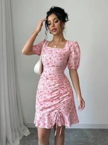 Chiquease Pink Ditsy Floral Drawstring Ruffle Hem Mini Dress - Pink - View 6