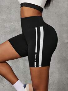 Easithlete 女士休闲条纹侧字母印花运动短裤 - 黑色 - 查看 1