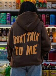 INAWLY Letter Print Hooded Long Sleeve Sweatshirt - Chocolate Brown - View 1