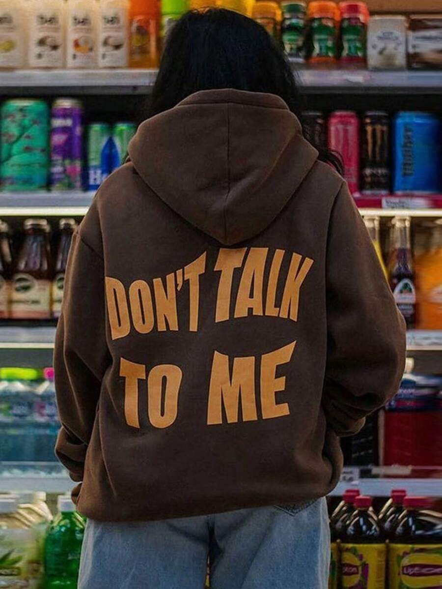 INAWLY Letter Print Hooded Long Sleeve Sweatshirt - Chocolate Brown - View 1