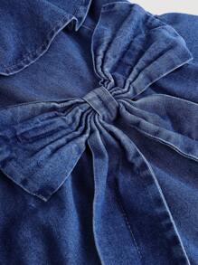 SHEIN 青少年女孩休闲可爱不对称条纹单肩牛仔衬衫，带大蝴蝶结装饰，青少年女孩秋季服装返校装