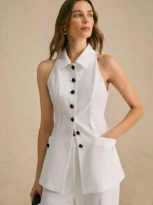 Poéselle Áo sơ mi nữ không tay đơn hàng khuy, hai túi, áo vest hở vai, quần áo thu đông, áo mọi mùa, Effortless Chic Essential, FW24 - trắng - Xem 1