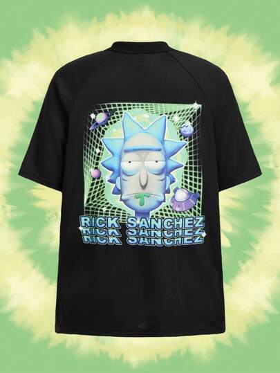 Rick and Morty X SHEIN 女士休闲卡通人物和字母印花插肩袖 T 恤，夏季图案 T 恤