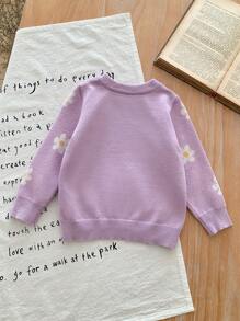 SHEIN LMoss Kids LMoss 女婴可爱百搭紫色花卉图案长袖毛衣，秋冬款 - 綠色 - 查看 5