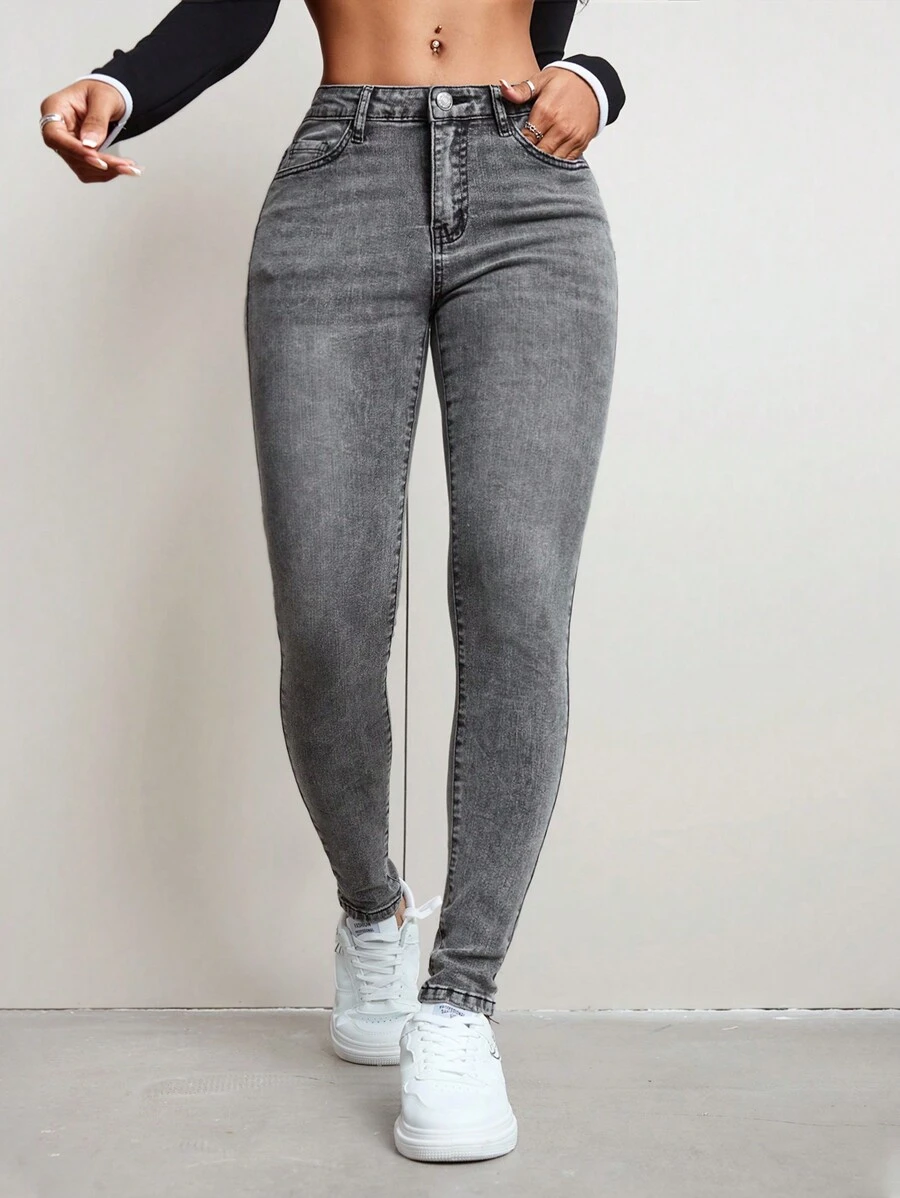 SHEIN ICON Simple Front Buttoned Pocket Denim Casual Pants - Grey - View 1