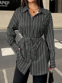 SHEIN Unity 休闲条纹长袖超长系带纽扣衬衫