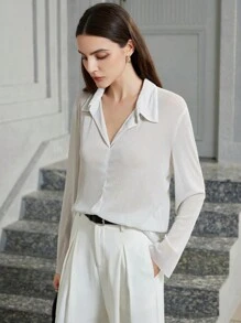 SHEIN Privé 女式纯色长袖休闲衬衫，春夏 - 白色 - 查看 3