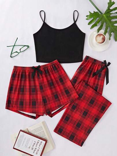3pcs Set: Spaghetti Strap Top, Bow Decor Plaid Printed Shorts & Pants, For Christmas