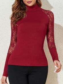 Women's Spring & Summer Solid Color Lace Patchwork Turtleneck Long Sleeve T-Shirt - Burgundy - View 4