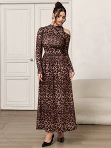 Modelyn 女士动物豹纹镂空不对称领口长袖连衣裙超长女士装长款晚礼服