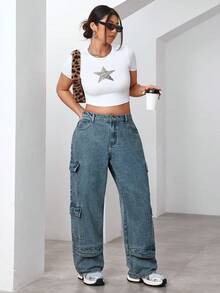 SHEIN ICON Quần Jeans Ống Rộng Rộng Nhiều Túi Thường Ngày Cho Nữ Cỡ Lớn - Màu xanh bụi bặm - Xem 3
