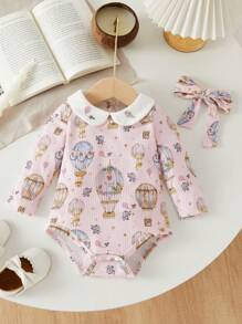 SHEIN Bộ đồ liền thân in hình bóng bay nhiệt đới vui nhộn cho bé gái sơ sinh - Hồng - Xem 1