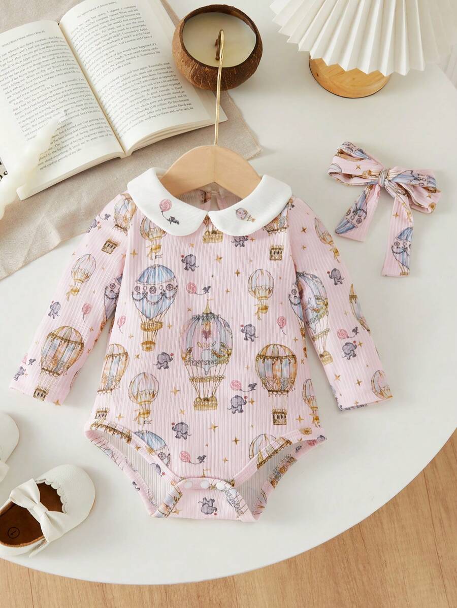 SHEIN Bộ đồ liền thân in hình bóng bay nhiệt đới vui nhộn cho bé gái sơ sinh - Hồng - Xem 1