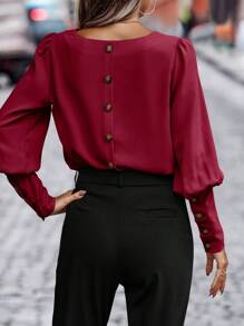 EMERY ROSE Women's Solid Color Elegant Fall Blouse With Gigot Sleeve And Single Back Button, Spring Summer,Long Sleeve Tops - Burgundy - View 5
