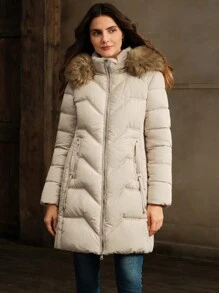 Anewsta Áo khoác lông dày có thể tháo rời dài vừa phải và có mũ trùm đầu cho nữ, mùa đông - Màu be - Xem 5