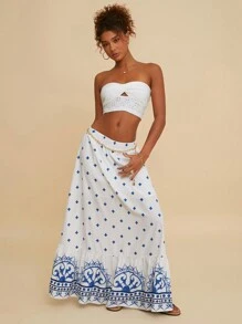 Travachic 2 piezas Conjunto de top corto de punto y falda de cintura alta de unicolor para mujer, ideal para vacaciones