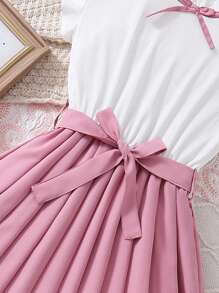 SHEIN 女童优雅腰部褶皱A字裙，粉色和白色拼色，适合宴会