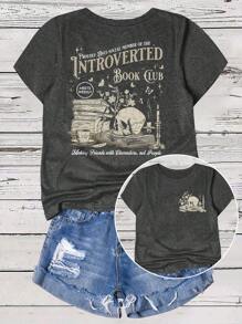 SHEIN LUNE Plus Size Skull Print Casual Short Sleeve T-Shirt, Graphic Tee, Women Summer Top - Dark Grey - View 4