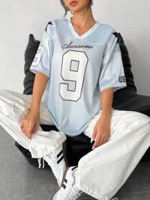 SHEIN PETITE 街头活动缎面字母星星印花男友风格宽松针织 T 恤，棒球服 - 藍色 - 查看 5