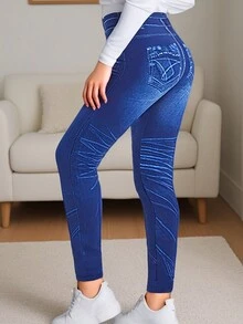 Leggings con efecto de mezclilla de estilo europeo y americano a la moda, de tela cómoda y suave para fitness, running, uso casual, yoga, actividades al aire uso diario, con patrón de rayas azules en capri - Azul - Ver 4
