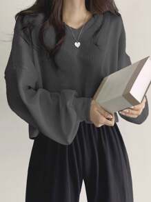 DAZY 女式纯色 V 领落肩长袖宽松休闲 T 恤，春秋装，秋季女装短款女式上衣