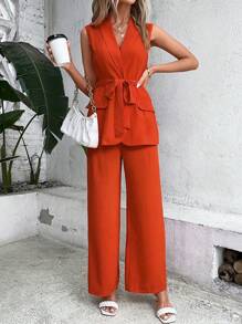 Chiquease 2pcs/Set Solid Color Vest Blazer Jacket And Pants Elegant Suit Set - Orange - View 1