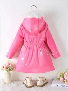 SHEIN 年轻女孩休闲连帽毛绒插肩袖收腰印花羊毛夹克，冬季 - 粉色 - 查看 2