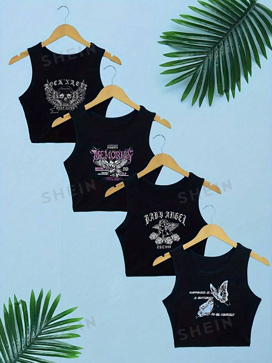 Zolique Top de tirantes informal con estampado de letra para mujer, verano - Negro - Ver 1
