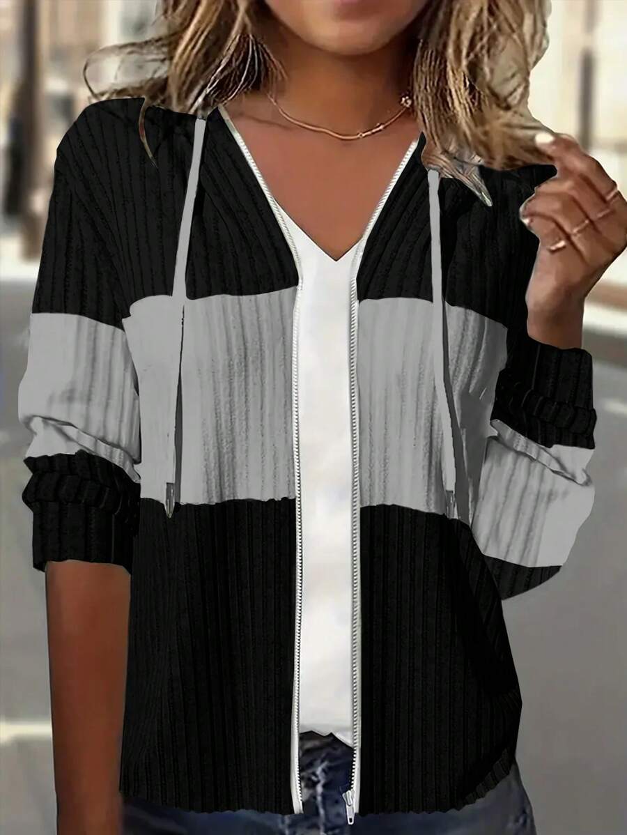 INAWLY Women's Solid Color Zippered Contrast Hoodie Jacket - Multicolor - View 1