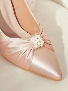 CUCCOO HITCHD Pointed Toe Satin Bow Faux Pearl Decor Champagne High Heel Pumps For Women Fall