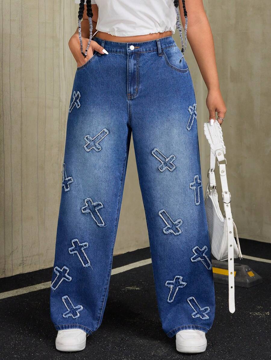SHEIN ICON 大码休闲交叉破洞直筒牛仔裤 - 藍色 - 查看 1