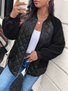 SHEIN LUNE Plus Size Baseball Jacket Style Raglan Sleeve Quilted Shearling Patchwork With Pockets, Padded Coat Winter Clothes