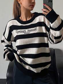 DAZY Women's Round Neck Loose Striped Embroidery Sweater - Black and White - View 2