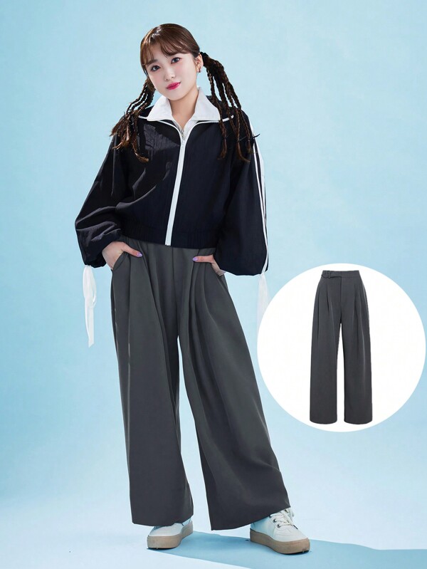 FRIFUL Pantaloni casual largi de damă, de culoare solidă, cu buzunar pliat