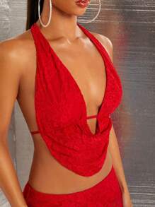 SHEIN SXY Quần áo mùa thu cho nữ; Bộ 2 áo yếm ren đỏ gợi cảm hở lưng và quần ống loe cho buổi hẹn hò/tiệc tùng/hộp đêm/năm mới/ngày lễ tình nhân; Bộ màu đỏ; - Đỏ - Xem 5
