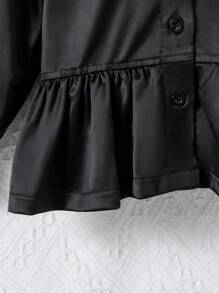 SHEIN Baby Girls Casual Black Satin Shawl Collar Ruffle Cuff & Hem Mid-Length Jacket, Fall/Winter