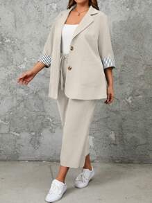 SHEIN LUNE 大码女式春秋季条纹翻领西装外套和裤子休闲宽松两件套 - 杏色 - 查看 1